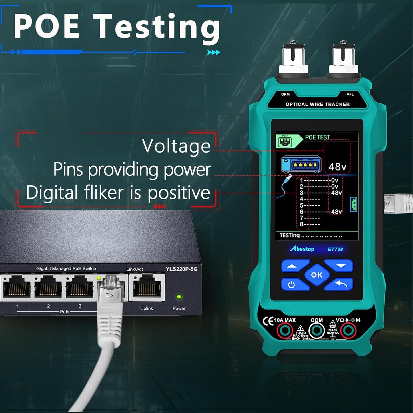 ET738 Abestop 2 in 1 Network Cable Tester with Digital Multimeter Functions Design of 6dBm to 70dBm Optical Power Meter with 3.2" LCD