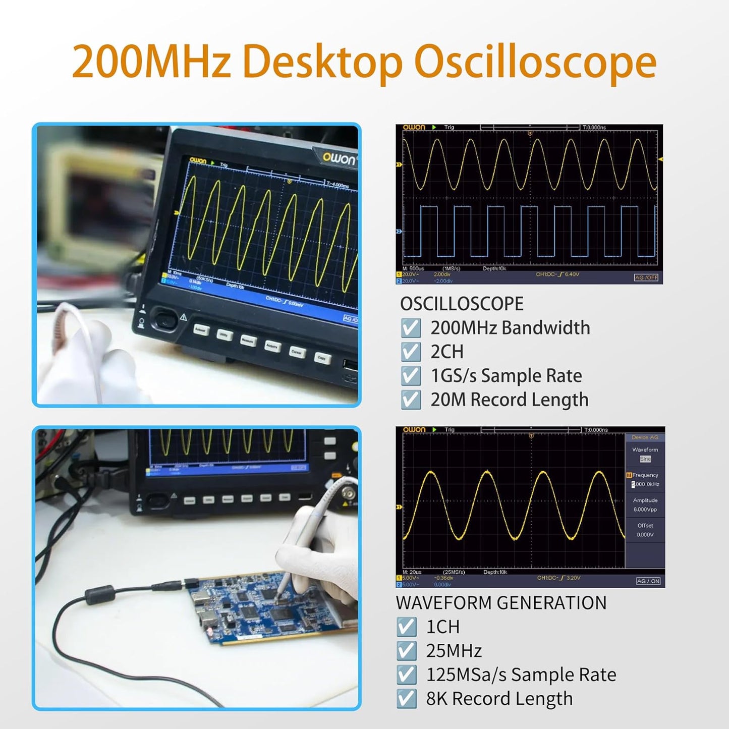 SDS220S OWON Oscilloscope 200MHz Bandwidth 2+1 Channel 3 in 1 Functions with 25MHz Waveform Generator Digital Multimeter 7” LCD Display 1GS/s Sample Rate