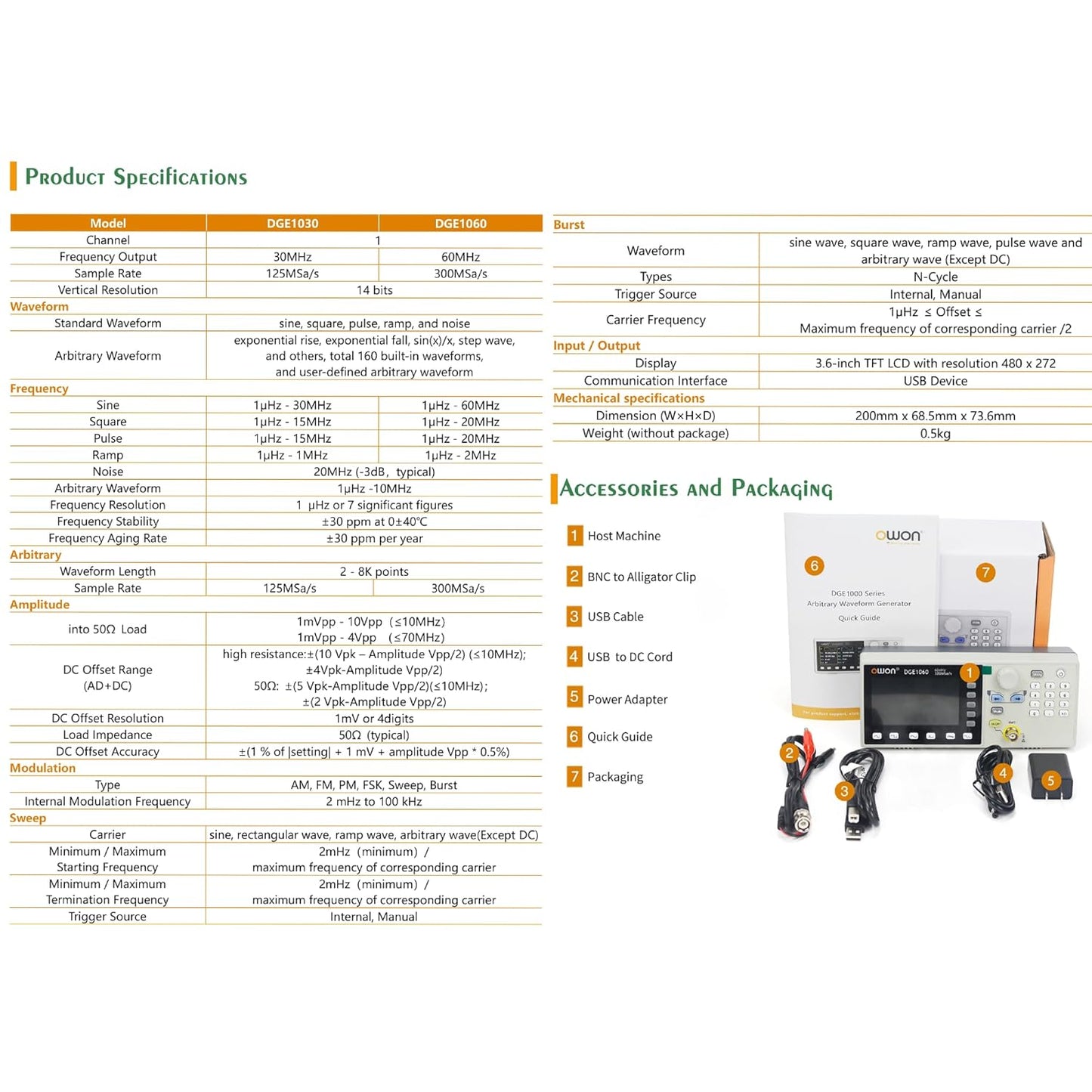 OWON DGE1060 Function Generator 60MHz Frequency Output Single Channel 300MSa/s Sample Rate Arbitray Generator with 14 bits Vertical Resolution(60MHz/1CH)