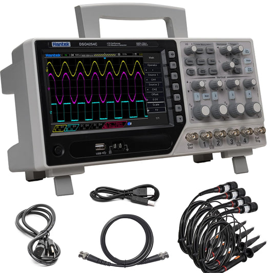 DSO4254C Hantek Desktop Oscilloscope 250MHz Bandwidth 4 Channels Oscillograph with 1CH 25MHz Arbitrary Waveform Generator(4CH Oscilloscope+EXT+AFG+DVM+Auto Range Function) 7” 64K TFT LCD Display