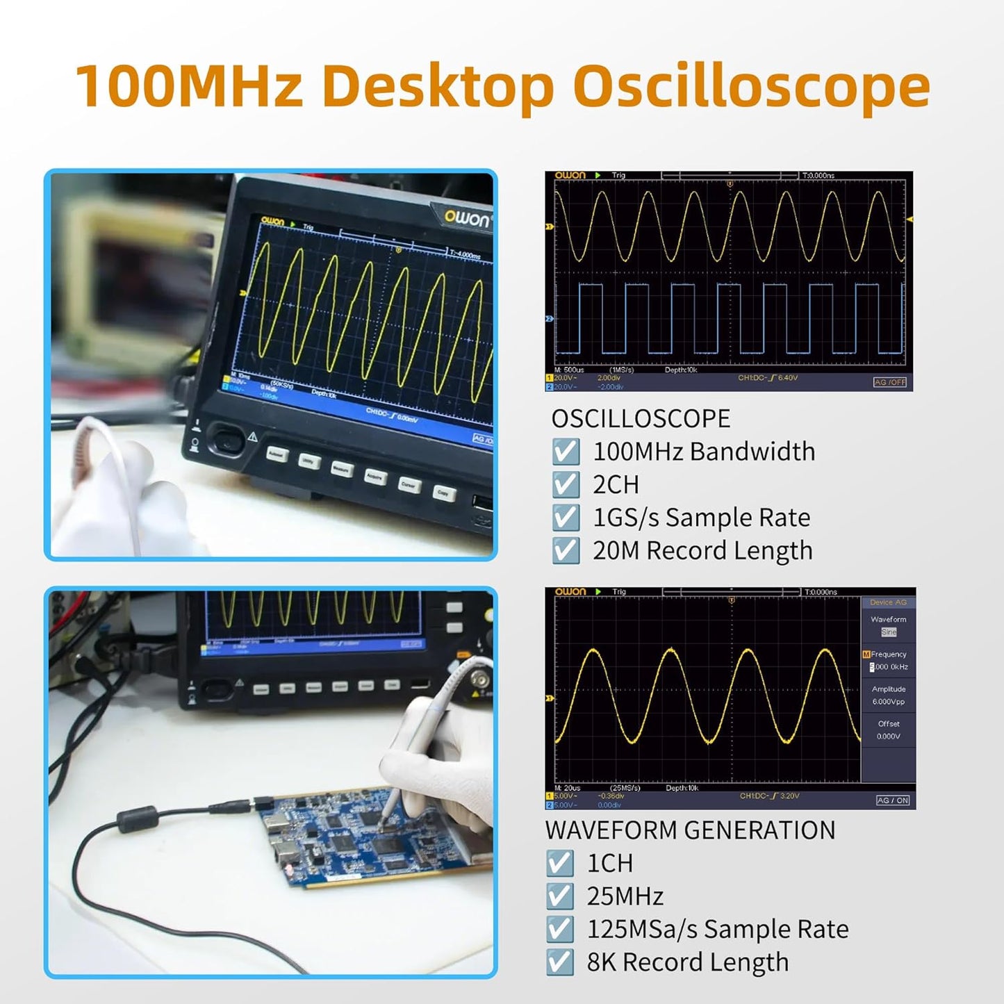 SDS210S OWON Oscilloscope 100MHz Bandwidth 2+1 Channel 3 in 1 Functions with 25MHz Signal Source with 7” LCD Display Support 30 Automatic Waveform Measurements