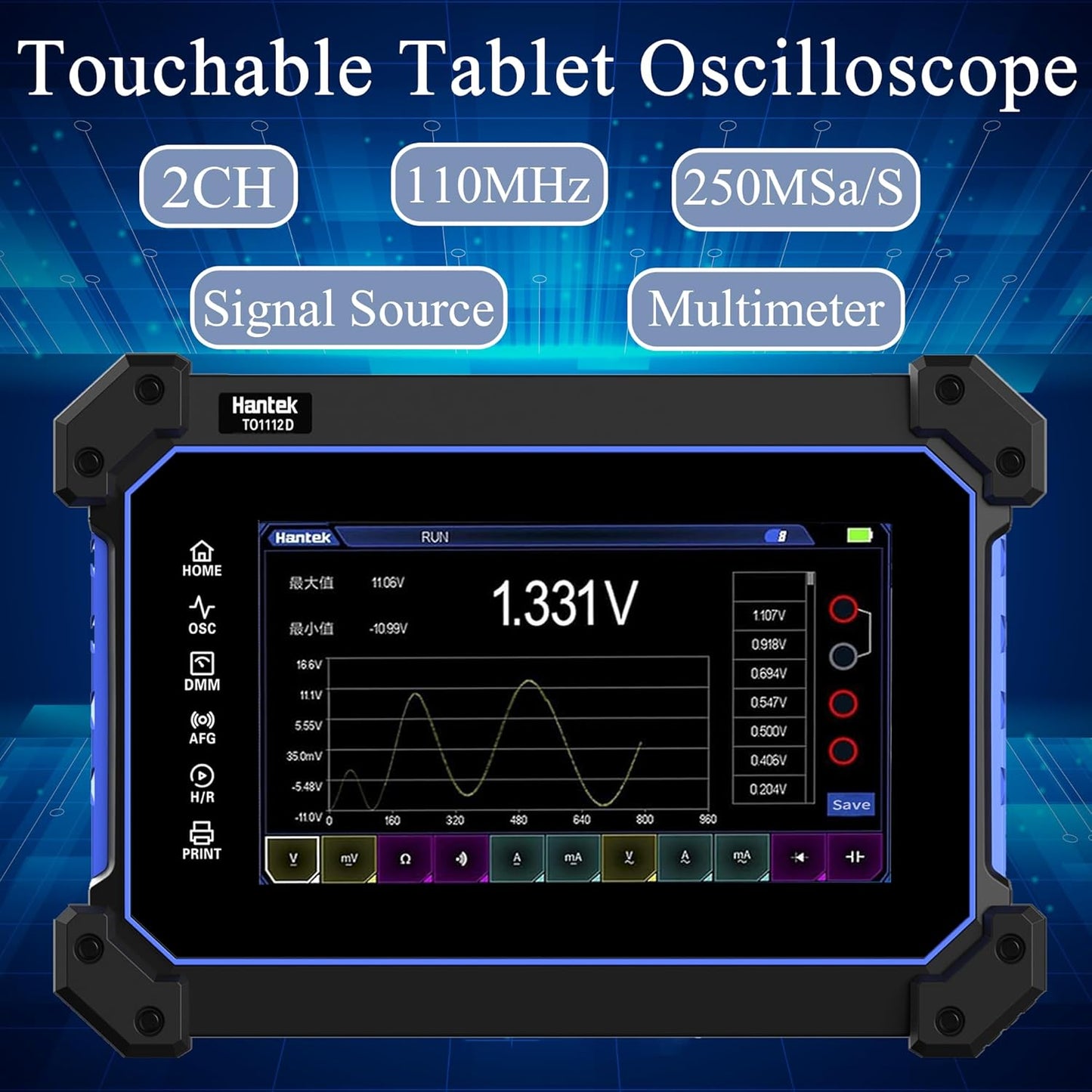 Hantek Tablet Oscilloscope 2CH Digital Storage Oscilloscope Built-in Waveform Generator and Multimeter with 7" TFT Touch Screen(TO1112D/110MHz)