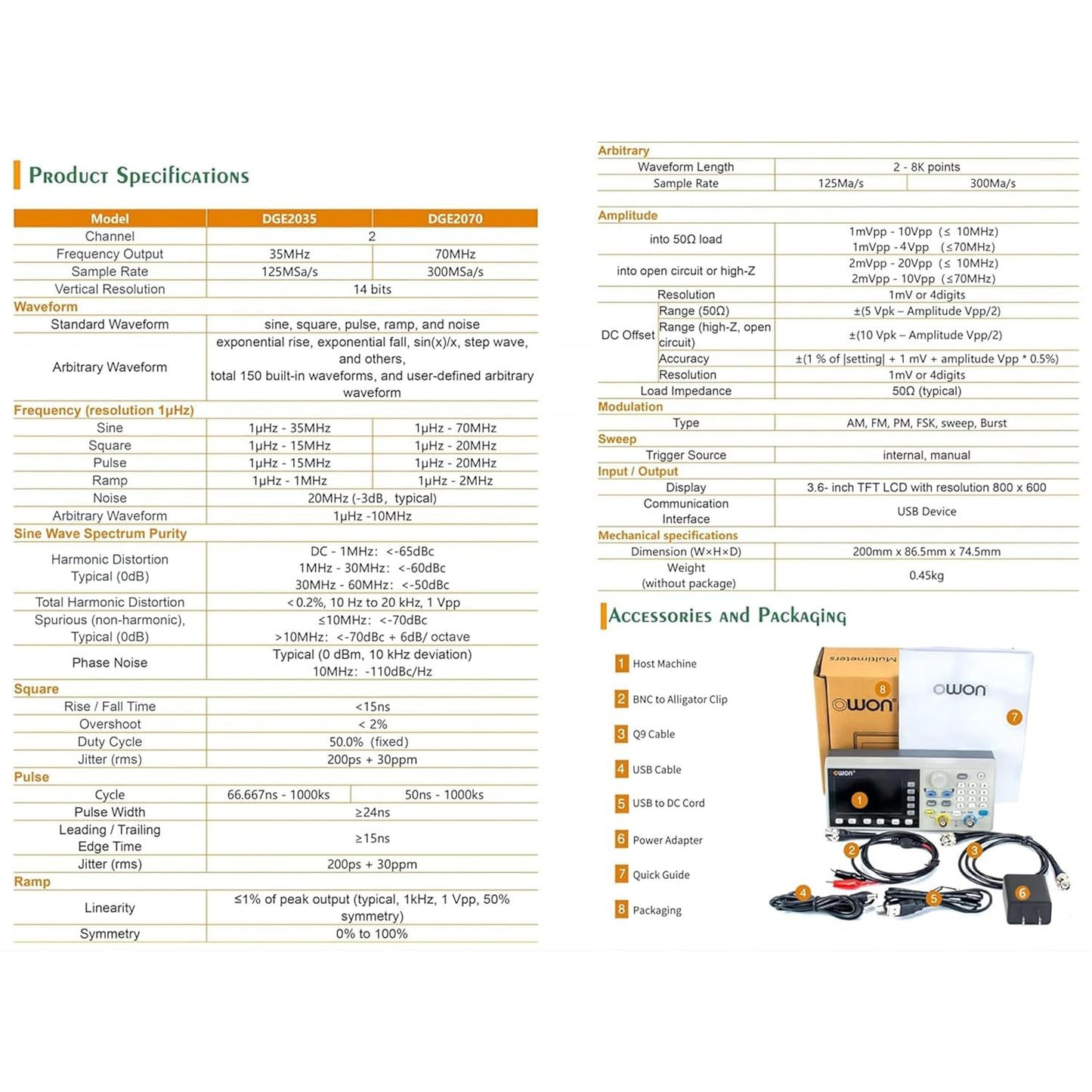 OWON DGE2035 Arbitary Function Generator Dual Channel 35MHz Frequency Output 125MSa/s Sample Rate with 3.6inch TFT LCD(35MHz/2CH)