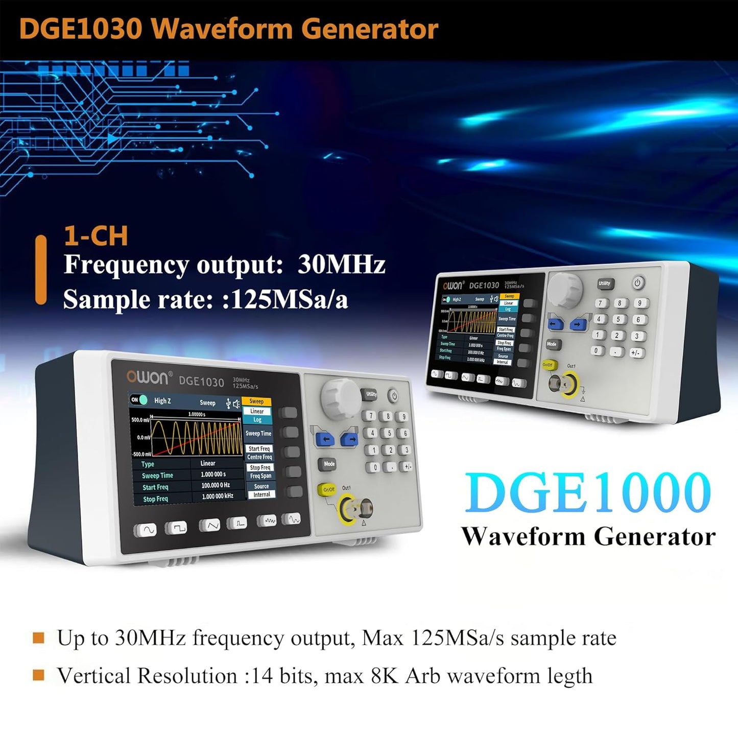 OWON DGE1030 Function Generator 30MHz Frequency Output Single Channel 125MSa/s Sample Rate Arbitrary Generator(30MHz/1CH)