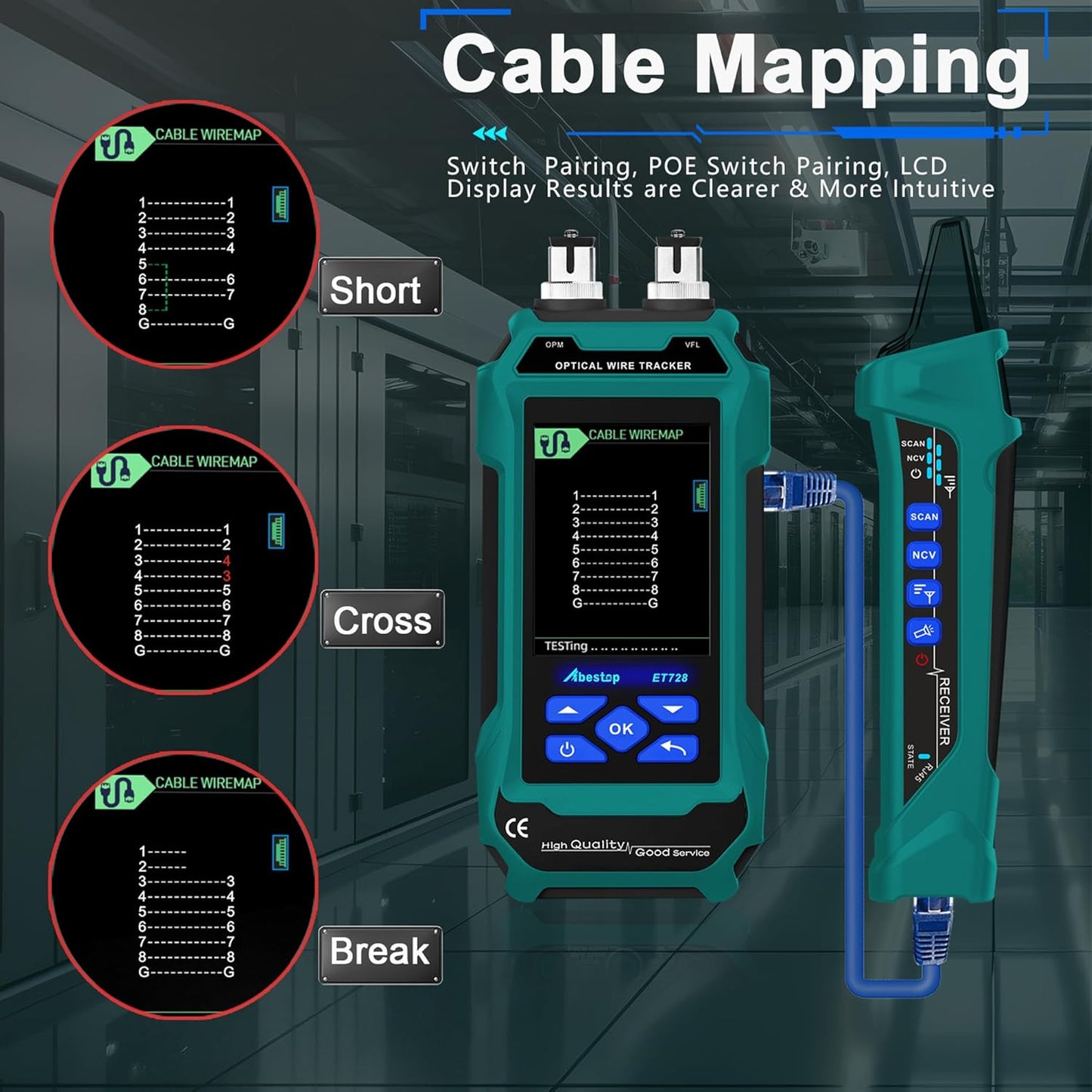 ET728 Network Cable Tester PoE Tester Cable Length Measurement Digital Line Finding Function Design with Low Noise for Multiple Tester