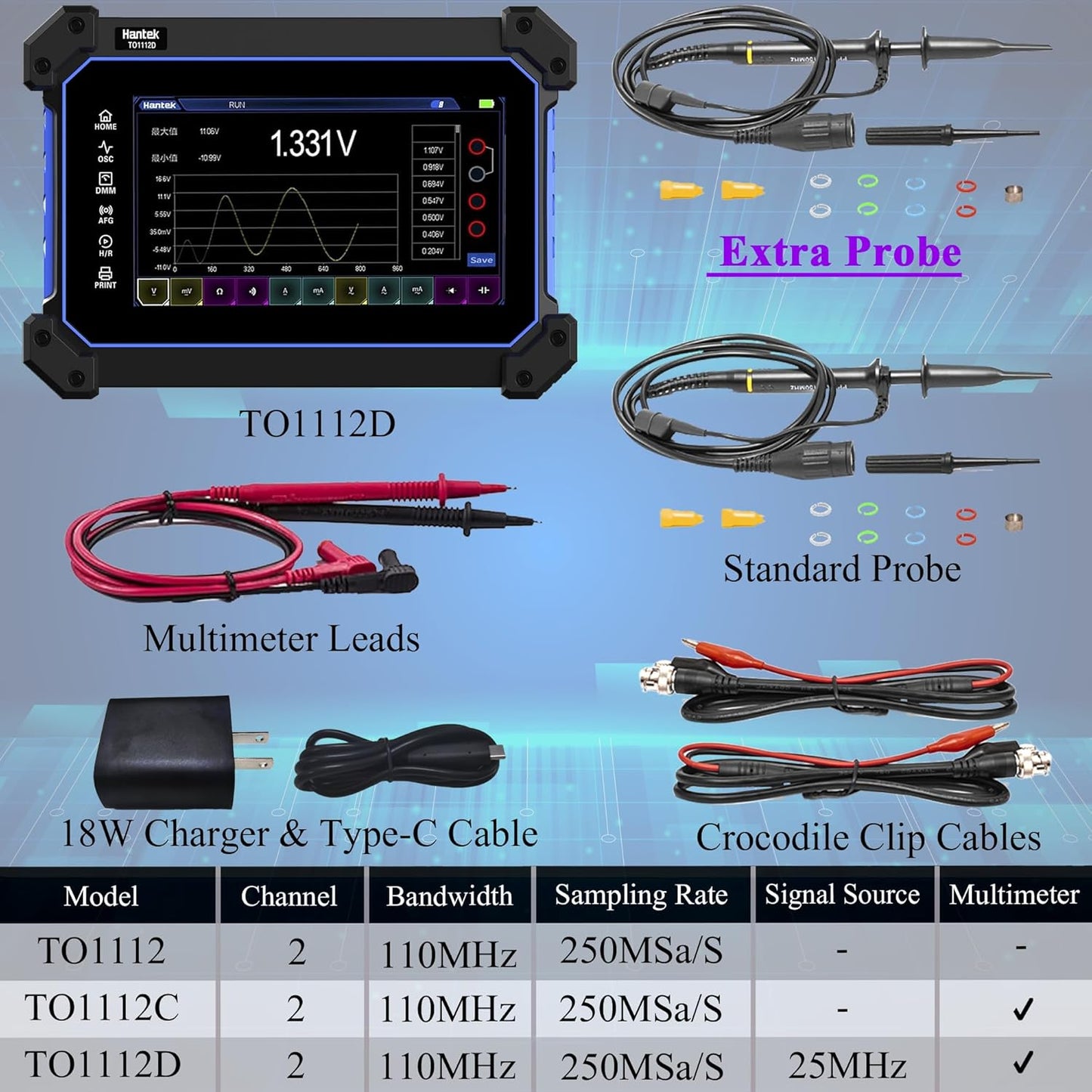 Hantek Tablet Oscilloscope 2CH Digital Storage Oscilloscope Built-in Waveform Generator and Multimeter with 7" TFT Touch Screen(TO1112D/110MHz)