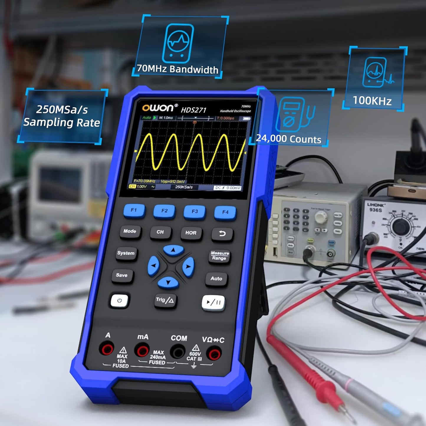 HDS271 OWON Oscilloscope Multimeter 70MHz Bandwidth Digital Oscilloscope 3 in 1 Functions Digital Multimeter 100KHz Signal Sources 3.5” LCD