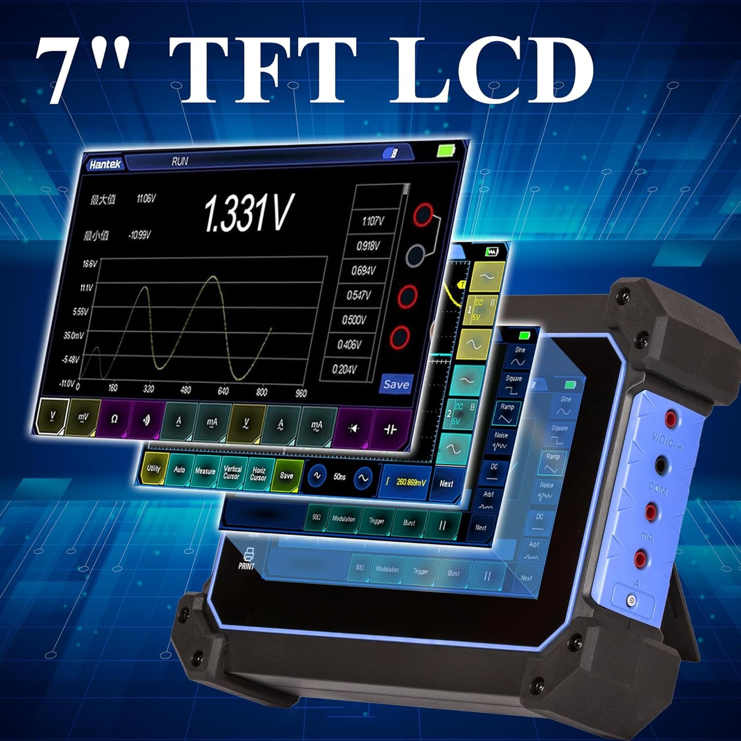 TO1254D Hantek Oscilloscope 250MHz Bandwidth 4+1CH Tablet Oscillograph 3 in 1 Function 25MHz Waveform Generator with Digital Multimeter 7” Touchable LCD (4+1CH/250MHz/TO1254D)