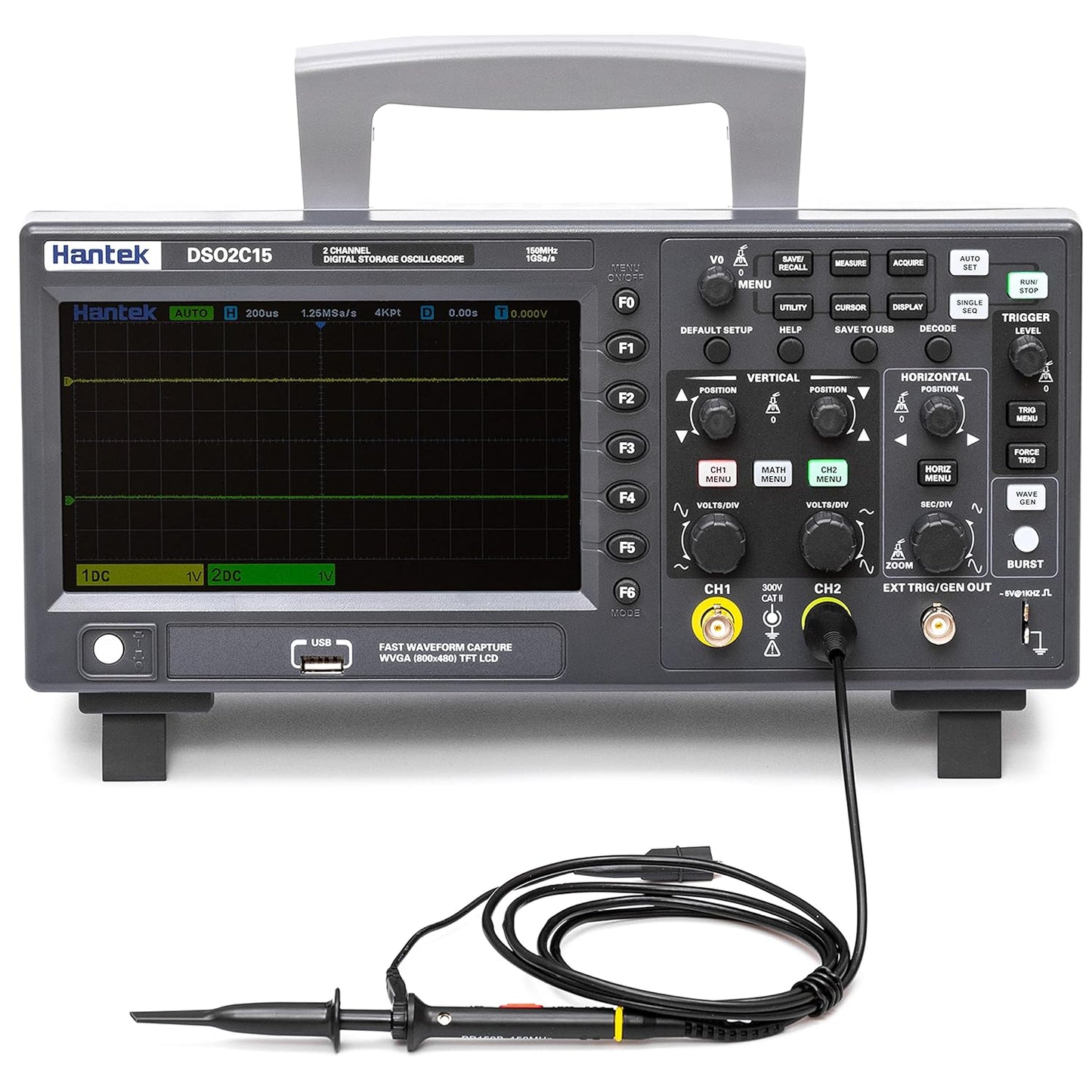 Hantek DSO2C15 Digital Storage Oscilloscope 150MHz Bandwidth 2CH Dual Channel 1GSa/s 8M Memory Depth with High Voltage Probe