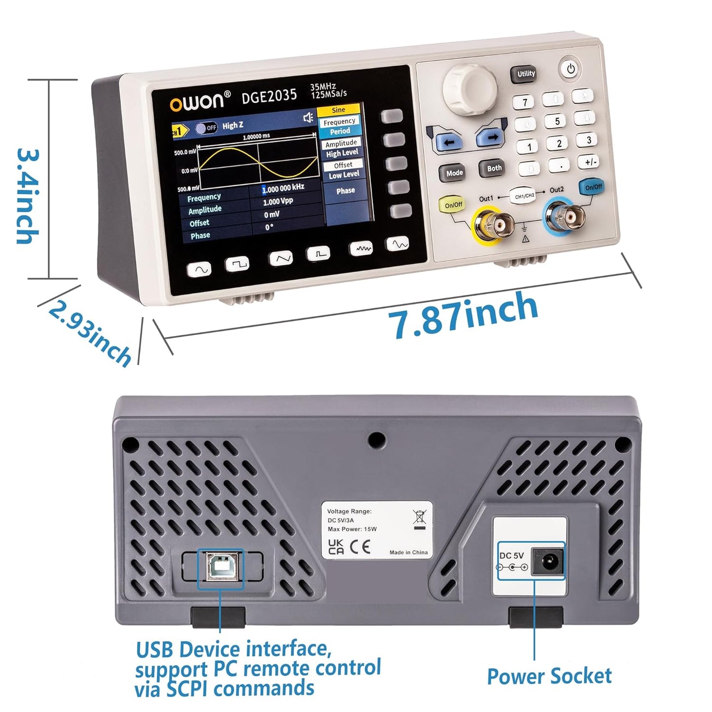 OWON DGE2035 Arbitary Function Generator Dual Channel 35MHz Frequency Output 125MSa/s Sample Rate with 3.6inch TFT LCD(35MHz/2CH)