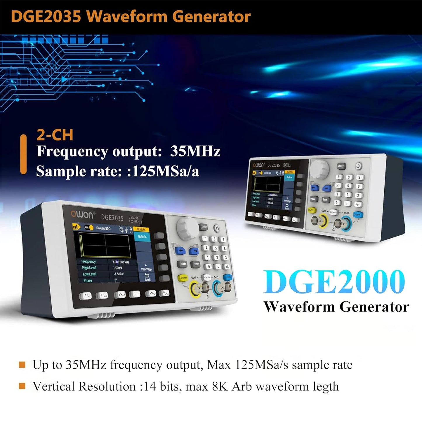 OWON DGE2035 Arbitary Function Generator Dual Channel 35MHz Frequency Output 125MSa/s Sample Rate with 3.6inch TFT LCD(35MHz/2CH)