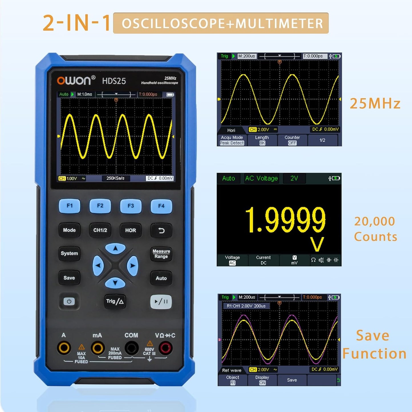 HDS25 OWON Oscilloscope Dual Channel Handheld 25MHz Bandwidth Digital Oscilloscope 250 MSa/s Sample Rate Digital Multimeter 3.5” LCD