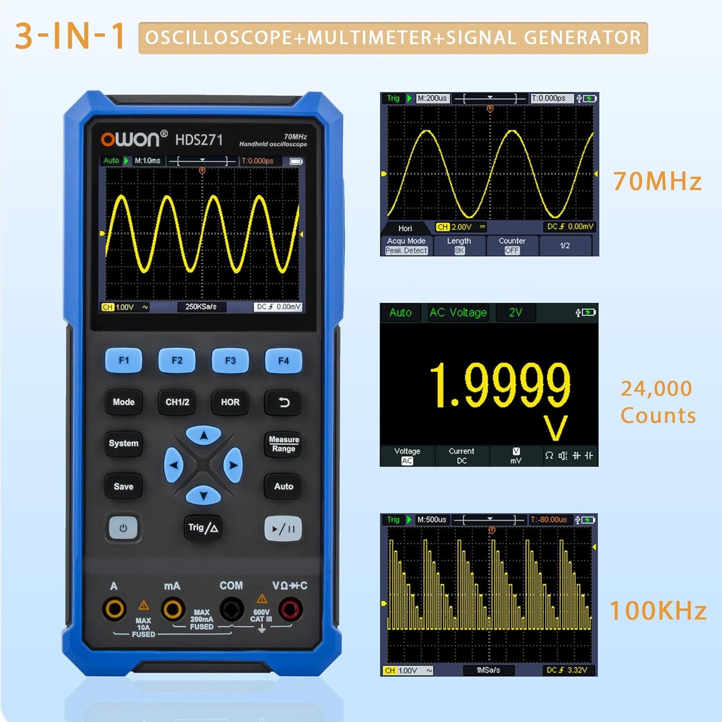 HDS271 OWON Oscilloscope Multimeter 70MHz Bandwidth Digital Oscilloscope 3 in 1 Functions Digital Multimeter 100KHz Signal Sources 3.5” LCD