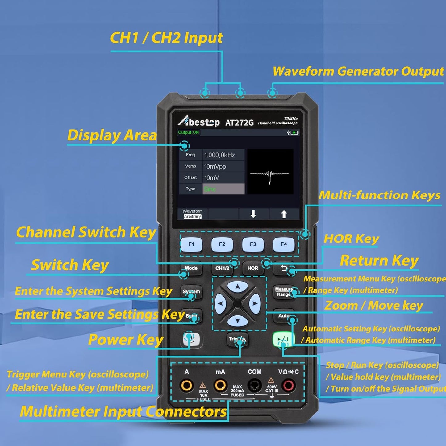 70MHz Digital Oscilloscope 3 in 1 Functions Oscilloscope + Multimeter + Generator/Signal Source with 2+1 Channels