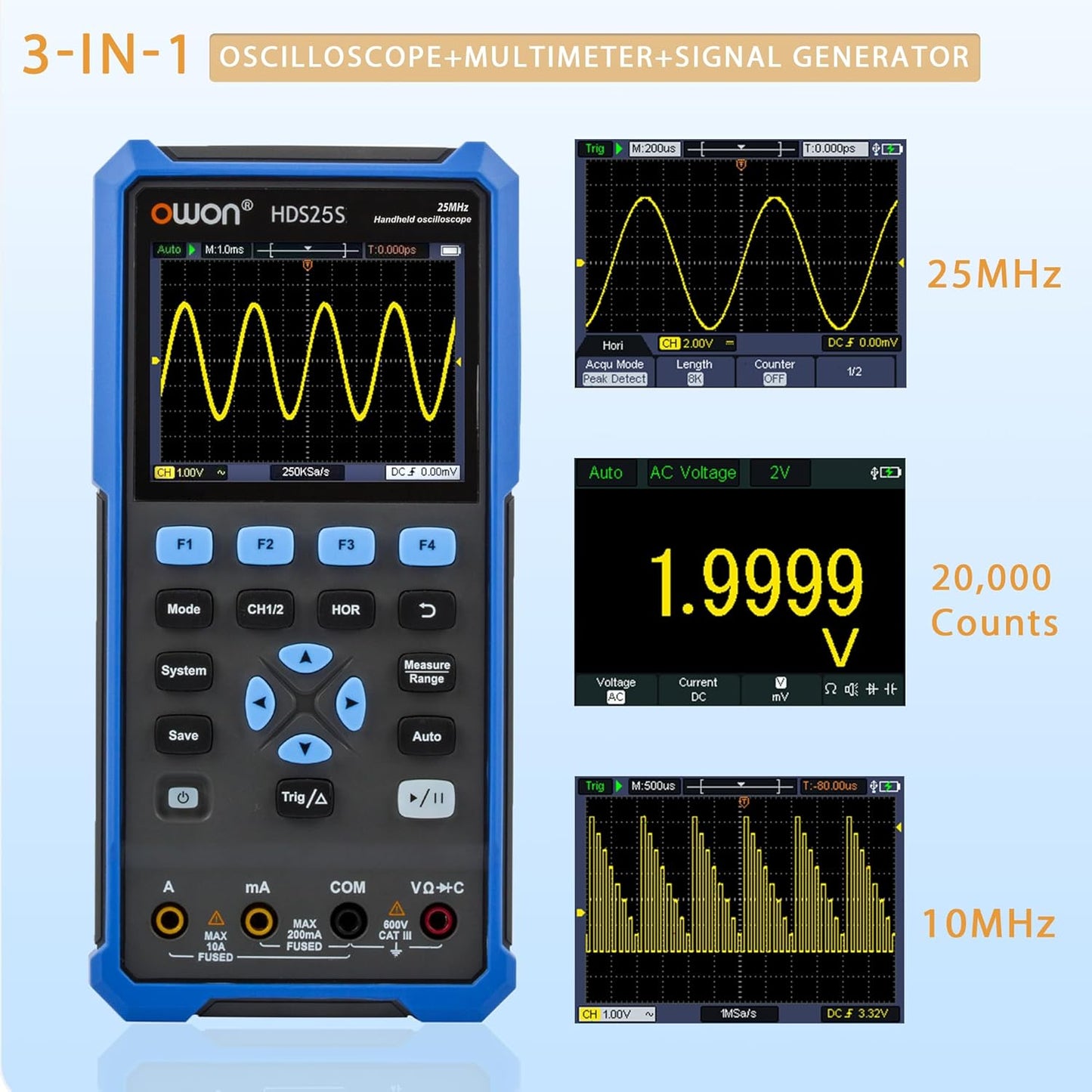 HDS25S OWON Oscilloscope 2+1 Channel Handheld 25MHz Bandwidth Digital Oscilloscope 250 MSa/s Sample Rate 10MHz Waveform Generator Digital Multimeter