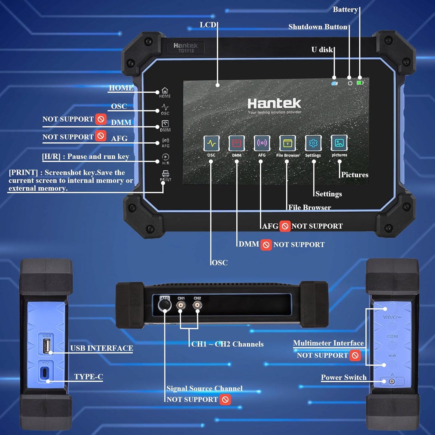 Hantek Tablet Oscilloscope 110MHz Bandwidth 250MSa/S 8M Storage Depth with 7" Touch Screen(TO1112/110MHz+2CH)