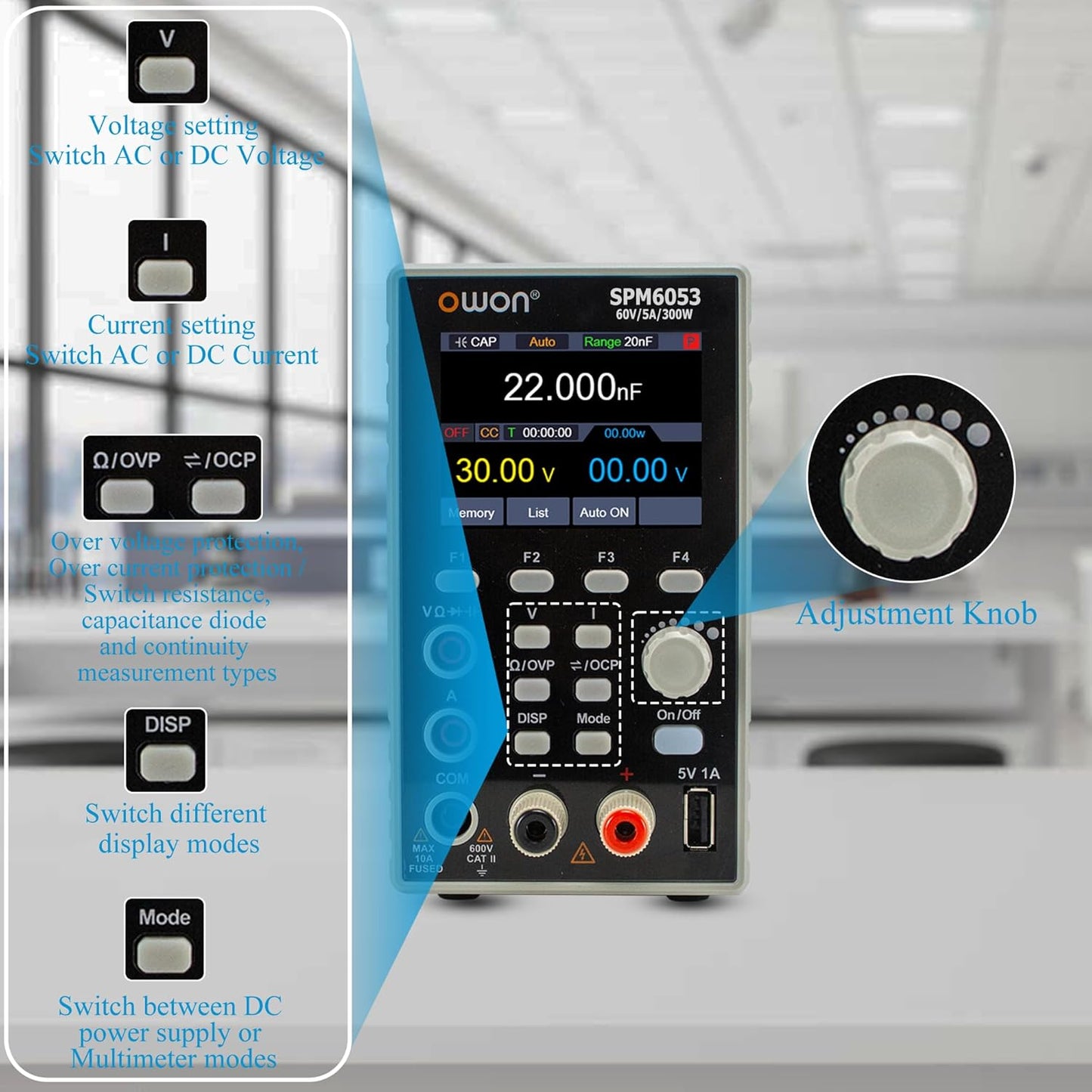 SPM6053 OWON DC Power Supply Multimeter with 4 1/2 Digits Multimeter 2 in 1 Function 10mV/1mA Resolution Bench Lab Power Supply (300W/60V/5A) 110V Input Voltage