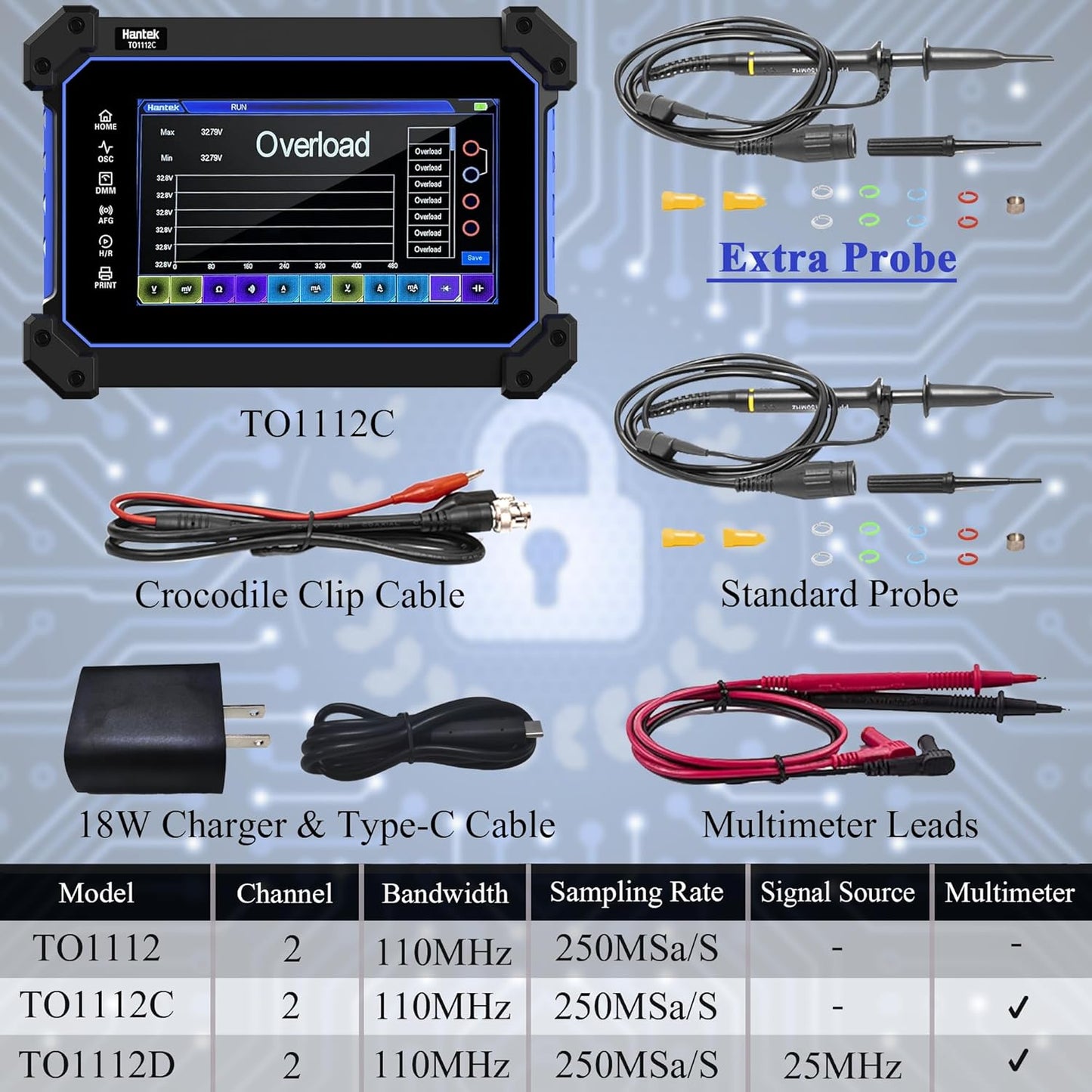 Hantek Tablet Oscilloscope 2CH Built-in Multimeter Function 8M Storage Depth with 7" TFT Touch Screen(TO1112C/110MHz Bandwidth)