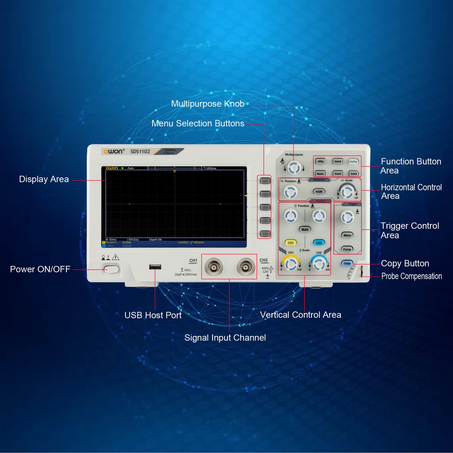 OWON SDS1102 100MHz デジタルデスクトップオシロスコープ 2 チャンネルオシロスコープ 1GS/s サンプリングレート