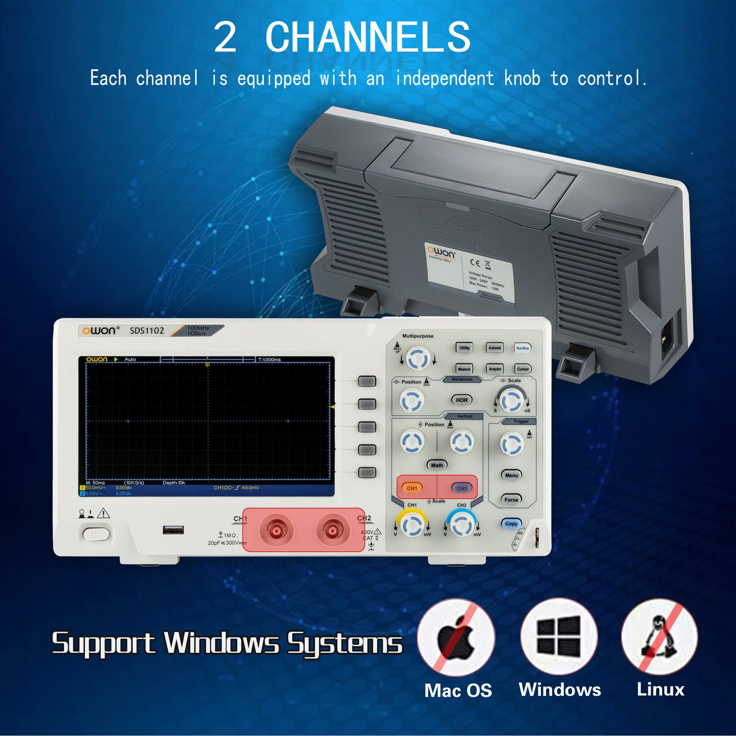 OWON SDS1102 100MHz デジタルデスクトップオシロスコープ 2 チャンネルオシロスコープ 1GS/s サンプリングレート