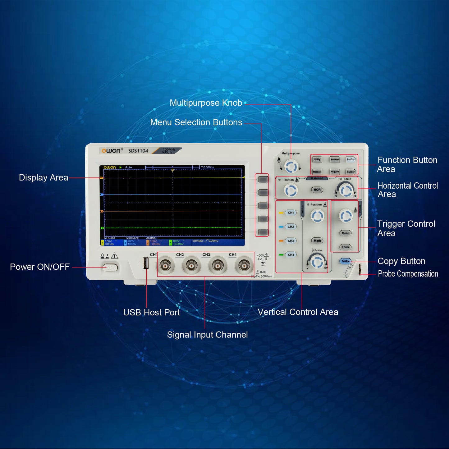 WON SDS1104 100MHz 4 チャンネルデジタルデスクトップオシロスコープ 1GS/s サンプルレートポータブルオシレータ