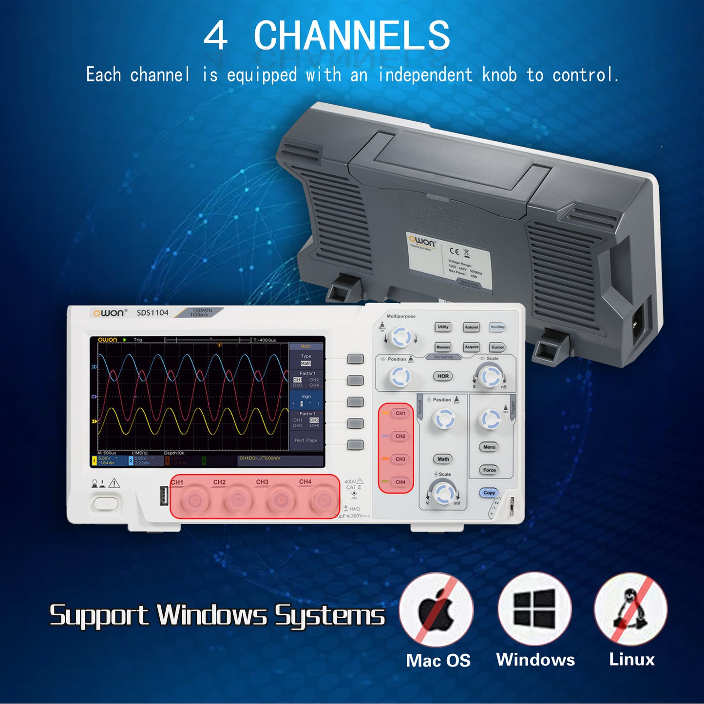 WON SDS1104 100MHz 4 チャンネルデジタルデスクトップオシロスコープ 1GS/s サンプルレートポータブルオシレータ
