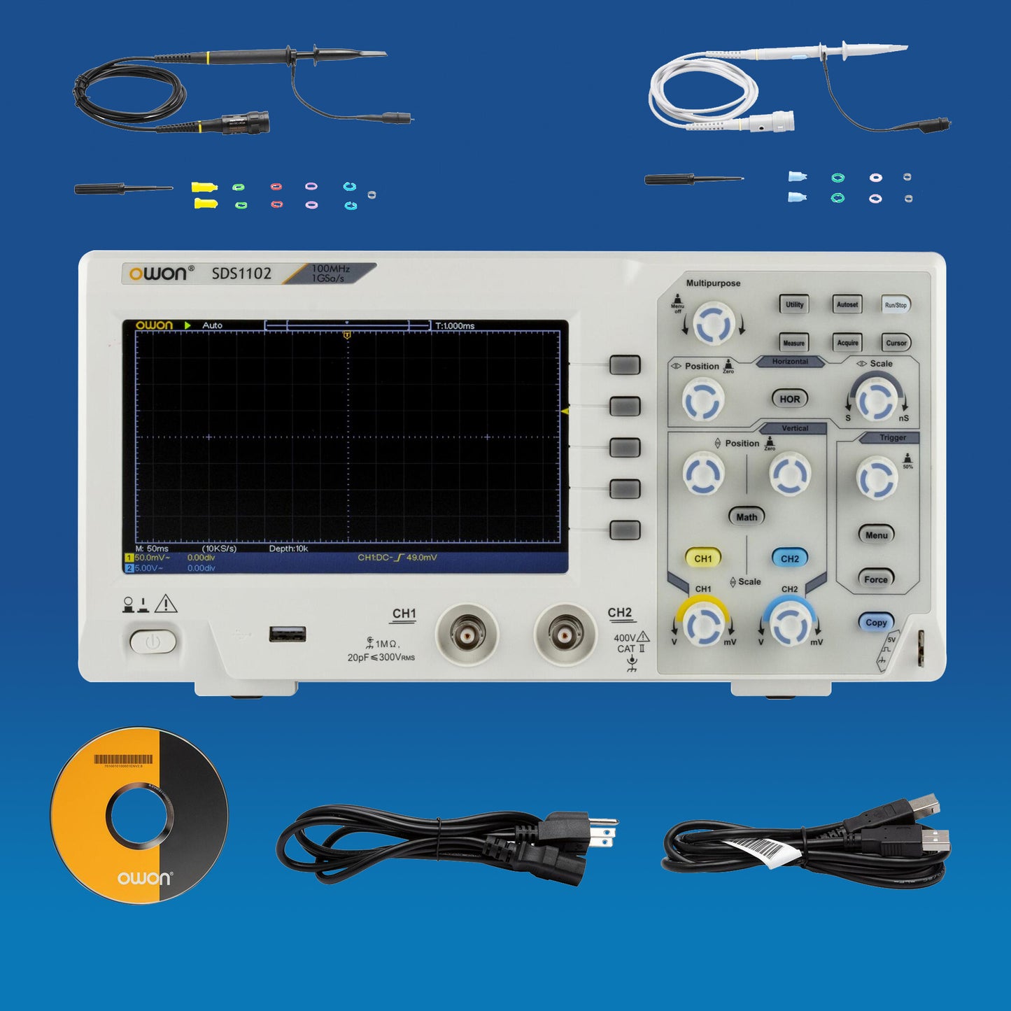 OWON SDS1102 100MHz digital desktop oscilloscope 2-channel oscilloscope 1GS/s sampling rate