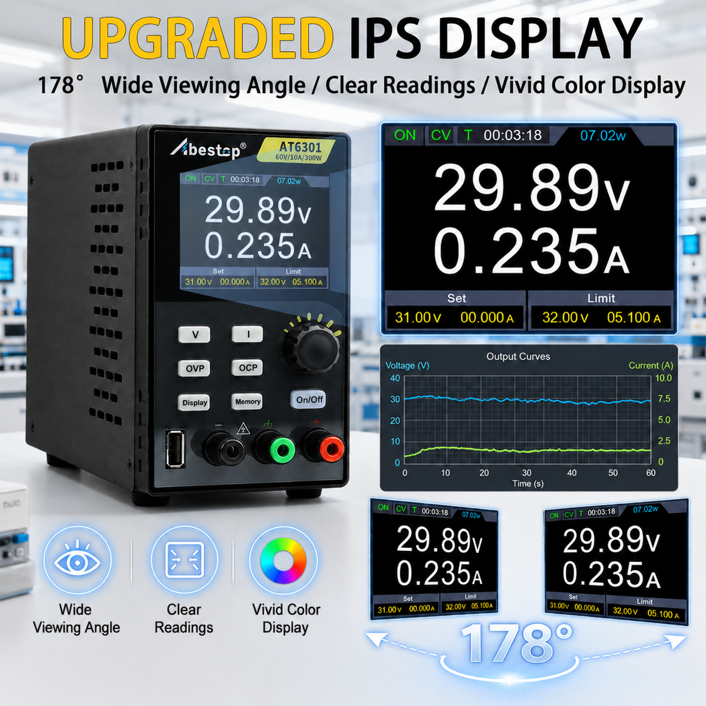 AT6301 DC Power Supply Variable, 60V/10A/300W Adjustable Bench Power Supply with 10mV / 1mA High Resolution 4-Digits 2.8 inch LCD Display, 5V/1A USB Output