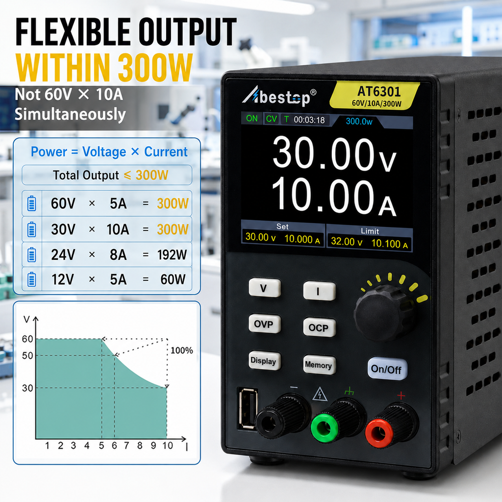 AT6301 DC Power Supply Variable, 60V/10A/300W Adjustable Bench Power Supply with 10mV / 1mA High Resolution 4-Digits 2.8 inch LCD Display, 5V/1A USB Output