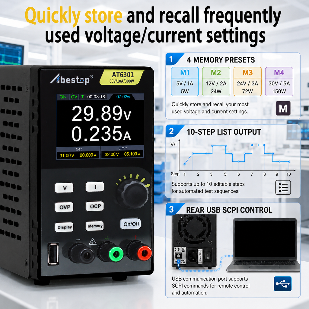 AT6301 DC Power Supply Variable, 60V/10A/300W Adjustable Bench Power Supply with 10mV / 1mA High Resolution 4-Digits 2.8 inch LCD Display, 5V/1A USB Output