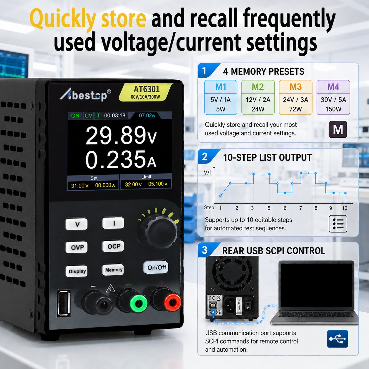AT6301 DC Power Supply Variable, 60V/10A/300W Adjustable Bench Power Supply with 10mV / 1mA High Resolution 4-Digits 2.8 inch LCD Display, 5V/1A USB Output