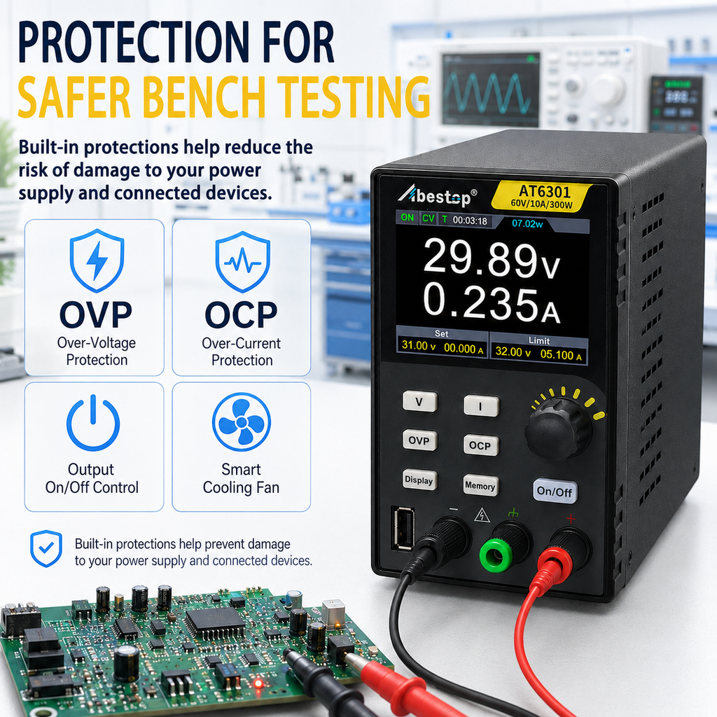AT6301 DC Power Supply Variable, 60V/10A/300W Adjustable Bench Power Supply with 10mV / 1mA High Resolution 4-Digits 2.8 inch LCD Display, 5V/1A USB Output