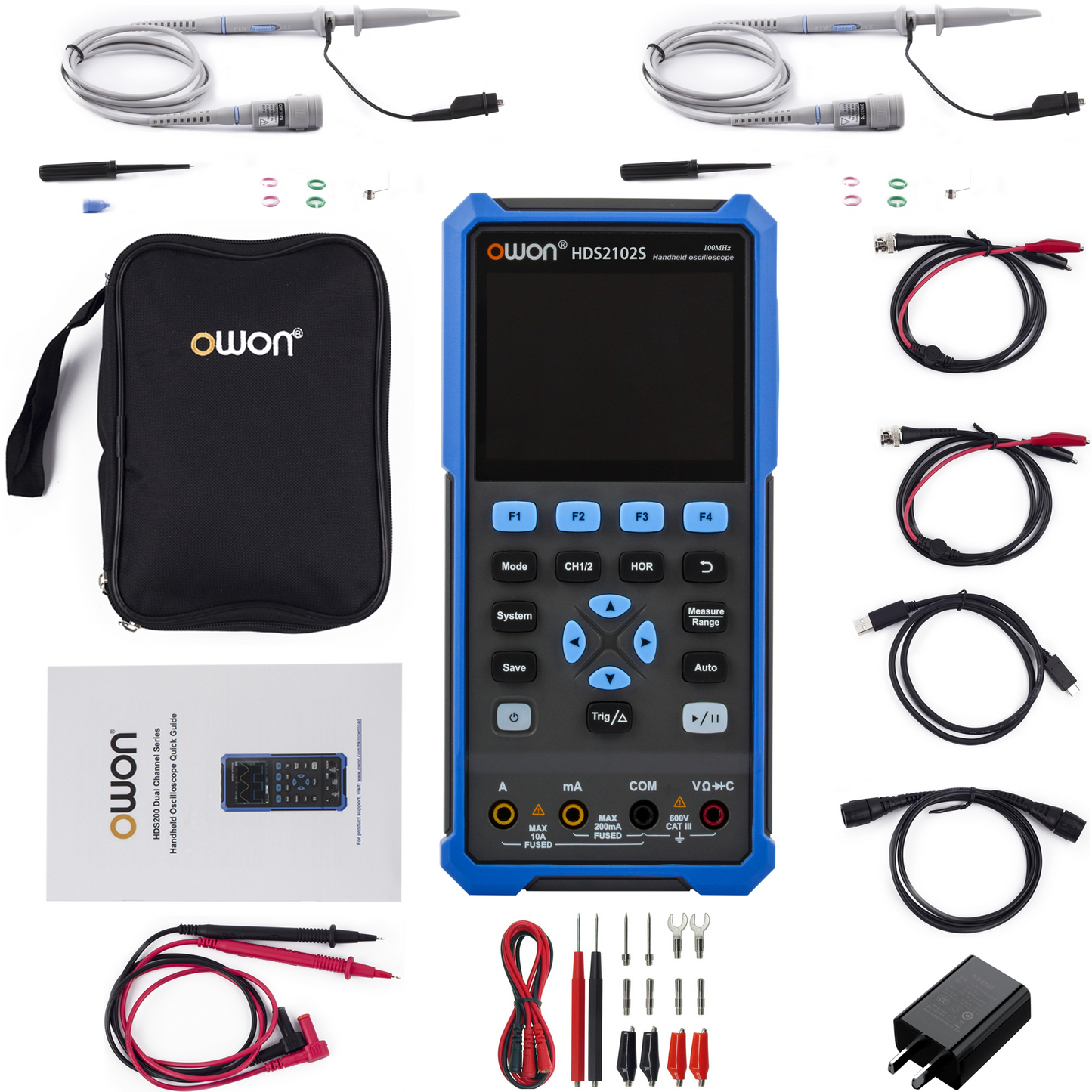 HDS2102S OWON Oscilloscope 2+1CH Digital Handheld Oscilloscope Multiumeter 3 in 1 100MHz Bandwidth 3.5" LCD Multiumeter OSC+DMM+Waveform Signal Generator for Automobile Maintenance,Power Detection