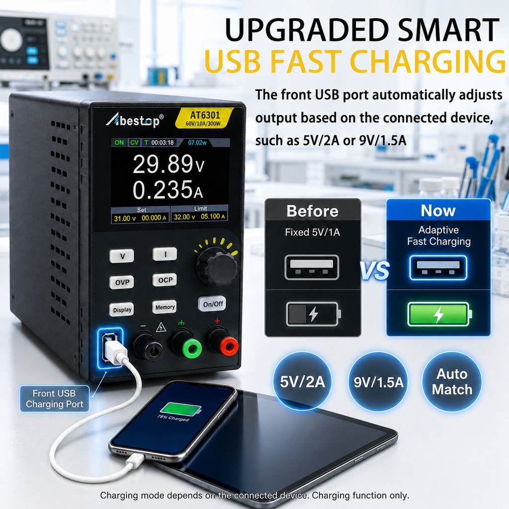 AT6301 DC Power Supply Variable, 60V/10A/300W Adjustable Bench Power Supply with 10mV / 1mA High Resolution 4-Digits 2.8 inch LCD Display, 5V/1A USB Output