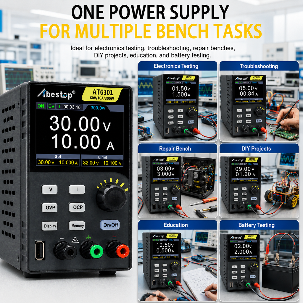 AT6301 DC Power Supply Variable, 60V/10A/300W Adjustable Bench Power Supply with 10mV / 1mA High Resolution 4-Digits 2.8 inch LCD Display, 5V/1A USB Output