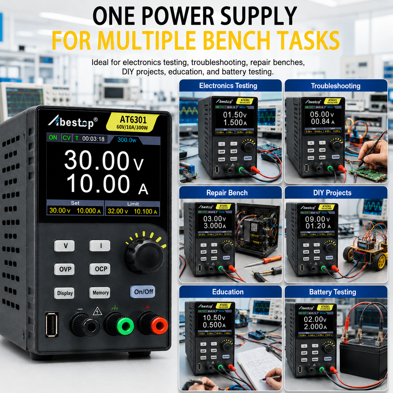 AT6301 DC Power Supply Variable, 60V/10A/300W Adjustable Bench Power Supply with 10mV / 1mA High Resolution 4-Digits 2.8 inch LCD Display, 5V/1A USB Output