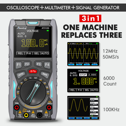 Abestop Oscilloscope 3 in 1 Functions Oscilloscope Multimeter with Waveform Generator 12MHz Bandwidth 50MSa/s Sampling Rate Signal Source Meter Tester(AT312G)