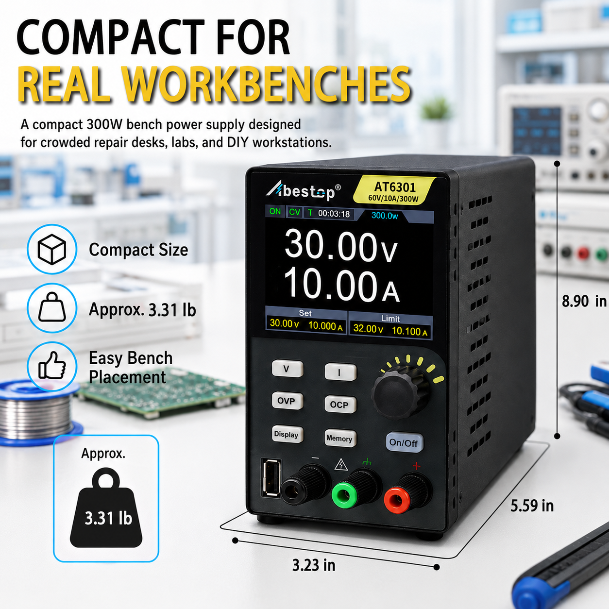 AT6301 DC Power Supply Variable, 60V/10A/300W Adjustable Bench Power Supply with 10mV / 1mA High Resolution 4-Digits 2.8 inch LCD Display, 5V/1A USB Output