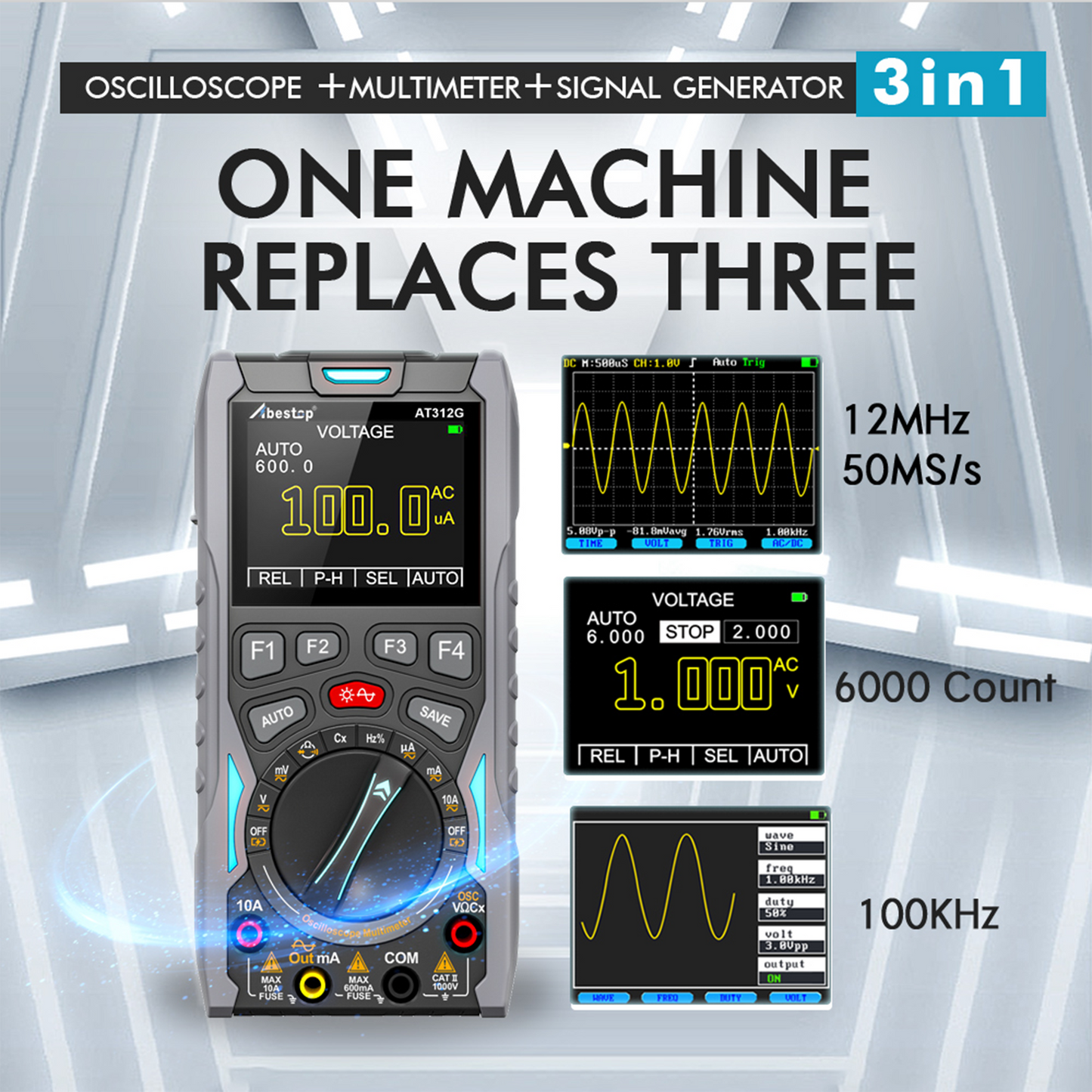 Abestop AT312G 3 in 1 Oscilloscope Digital Scope Multimeter with 12MHz Bandwidth 50MSa/s Sampling Rate Built-in Generator Multiple Multimeter Tester Function