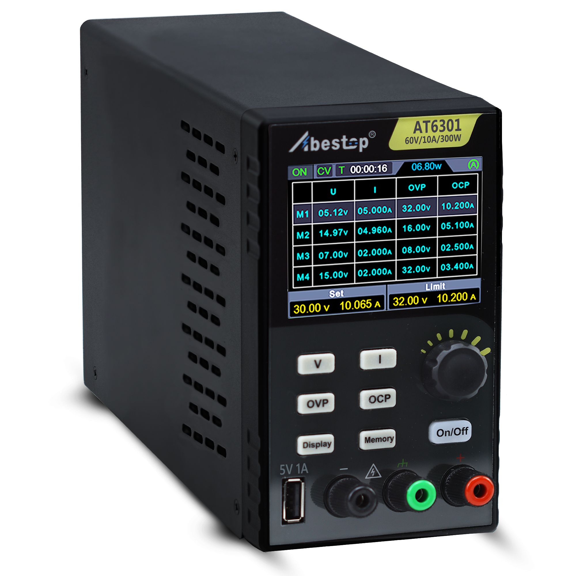 AT6301 DC Power Supply Variable, 60V/10A/300W Adjustable Bench Power Supply with 10mV / 1mA High Resolution 4-Digits 2.8 inch LCD Display, 5V/1A USB Output