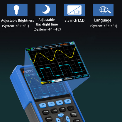 HDS242S OWON oscilloscope 3-in-1 digital handheld oscilloscope Multi-function 2+1CH 3.5-inch LCD 40MHz bandwidth multi-meter OSC + DMM+ waveform signal generator, used for automotive maintenance, power detection