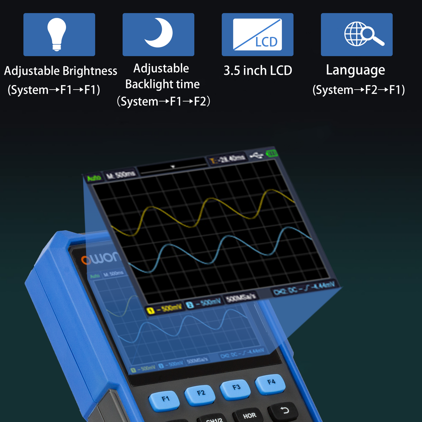 HDS242 OWON oscilloscope 2-in-1 2-channel digital handheld oscilloscope Multifunctional 3.5-inch LCD 40MHz bandwidth 2000 Counting multimeter OSC+DMM for automotive maintenance and power detection