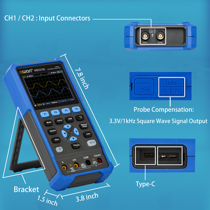 HDS2102 OWON Oscilloscope 2CH Digital Handheld Oscilloscope Multiumeter 3.5" LCD 100MHz Bandwidth 20000 Counts Multiumeter OSC+DMM+for Automobile Maintenance,Power Detection