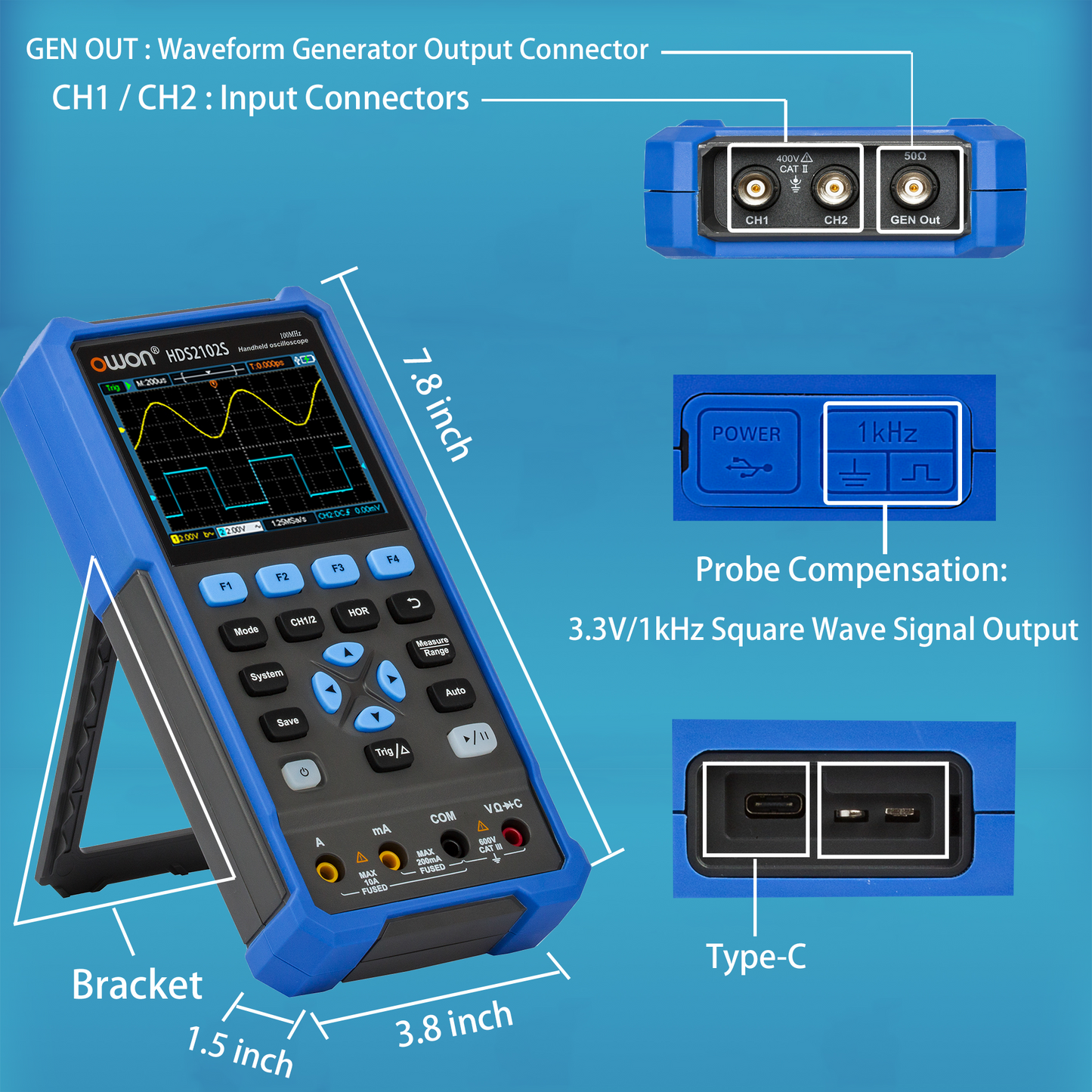 HDS2102S OWON Oscilloscope 2+1CH Digital Handheld Oscilloscope Multiumeter 3 in 1 100MHz Bandwidth 3.5" LCD Multiumeter OSC+DMM+Waveform Signal Generator for Automobile Maintenance,Power Detection