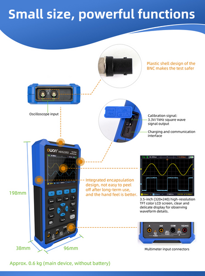 HDS2202 OWON oscilloscope 2CH Digital handheld oscilloscope 200MHz bandwidth 1GSa/s Sampling rate 3.5-inch LCD oscilloscope + multimeter Used for automotive maintenance and power detection