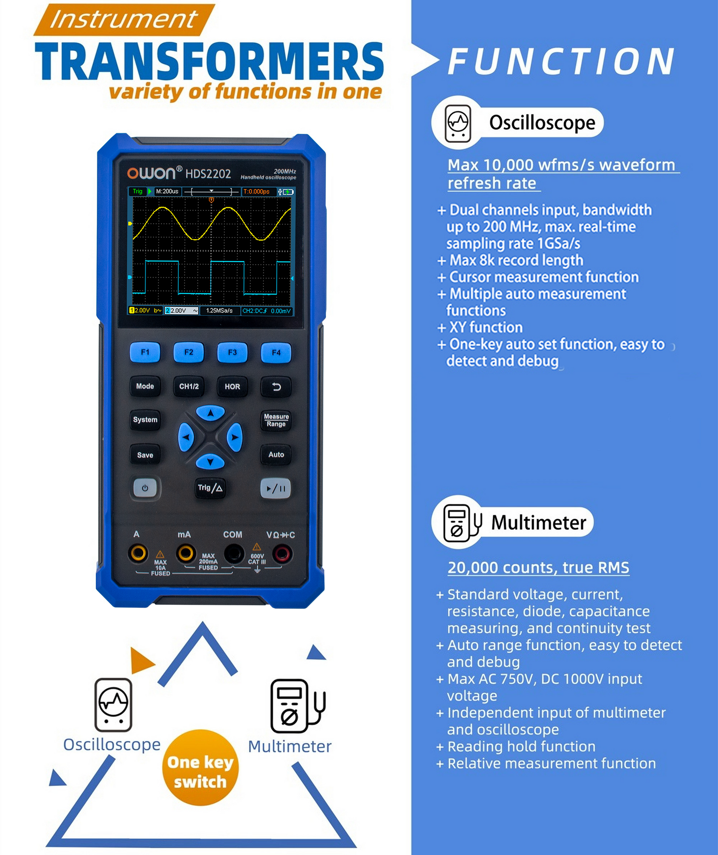 HDS2202 OWON oscilloscope 2CH Digital handheld oscilloscope 200MHz bandwidth 1GSa/s Sampling rate 3.5-inch LCD oscilloscope + multimeter Used for automotive maintenance and power detection