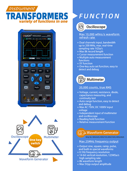 OWON Oscilloscope HDS2202S 3-in-1 digital handheld oscilloscope with 200MHz bandwidth 3.5-inch LCD 2+1CH(oscilloscope + multimeter + waveform generator)