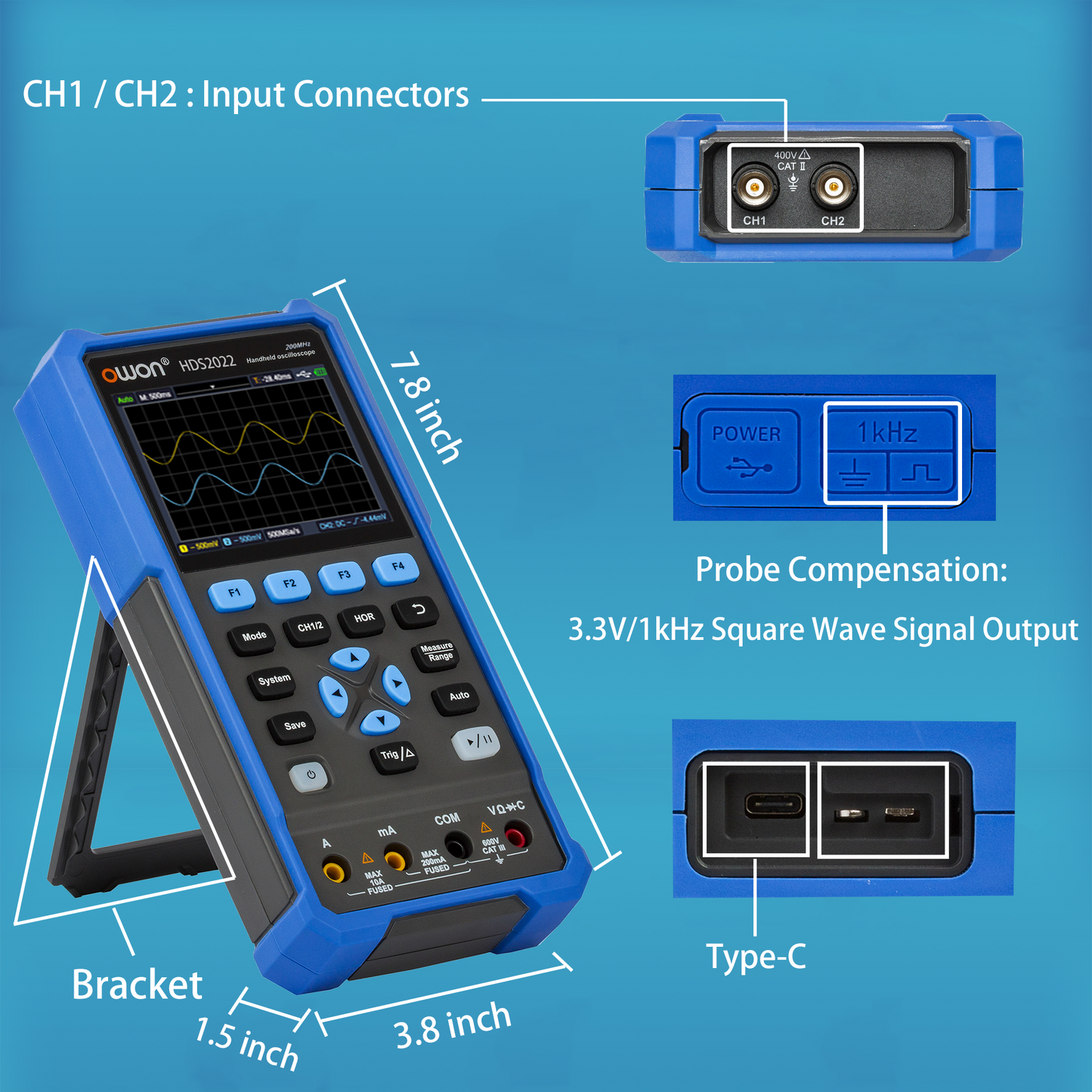 HDS2202 OWON oscilloscope 2CH Digital handheld oscilloscope 200MHz bandwidth 1GSa/s Sampling rate 3.5-inch LCD oscilloscope + multimeter Used for automotive maintenance and power detection