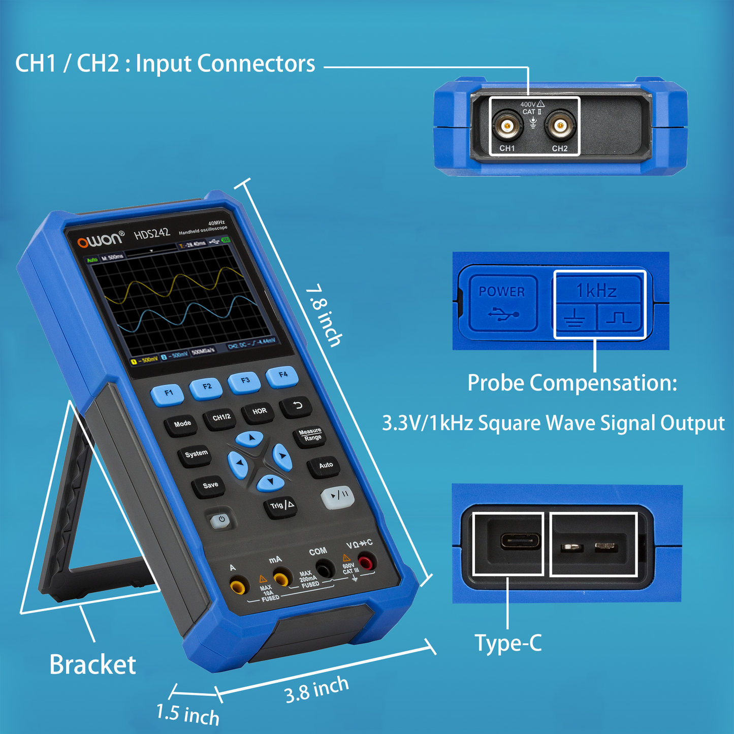 HDS242 OWON oscilloscope 2-in-1 2-channel digital handheld oscilloscope Multifunctional 3.5-inch LCD 40MHz bandwidth 2000 Counting multimeter OSC+DMM for automotive maintenance and power detection