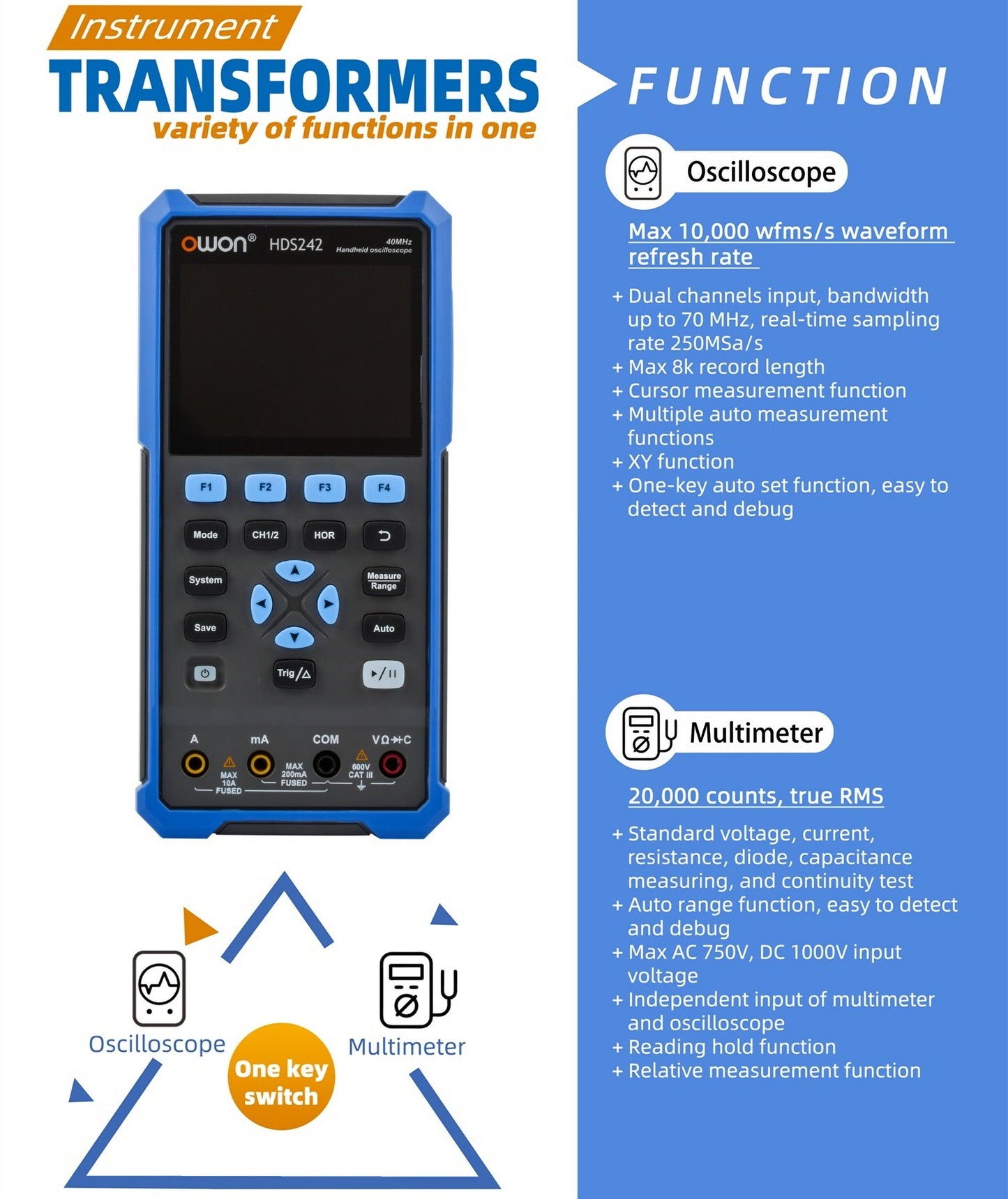 HDS242 OWON oscilloscope 2-in-1 2-channel digital handheld oscilloscope Multifunctional 3.5-inch LCD 40MHz bandwidth 2000 Counting multimeter OSC+DMM for automotive maintenance and power detection